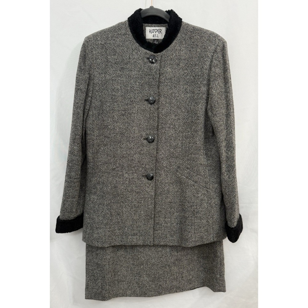VTG KASPER ASL Black White Skirt Jacket Suit Wool Fully Lined Womens Size 12